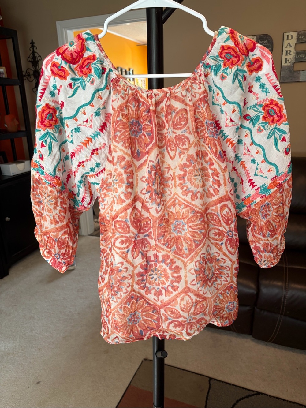 Tolani Embroidered Boho Peasant Blouse M Coral Teal Balloon Sleeve